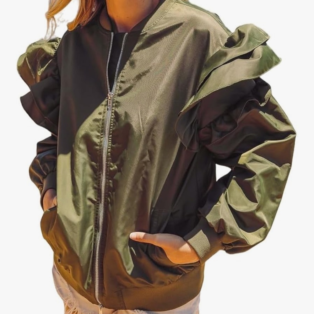 Full zip ruffle sleeves jacket olive green spring